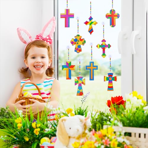 Winlyn 27 Sets Cross Suncatchers Ornaments Decorations DIY Window Paint Art Suncatchers Cross Craft Kits Cross Sun Catchers for Kids Sunday School Winlyn
