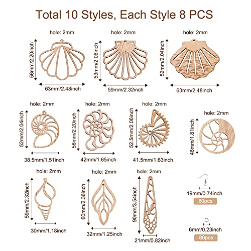 Fashewelry 80pcs Unfinished Clam Shell Wooden Dangle Earring Pendants Filigree Seashell Natural Blank Wood Cutouts with 80pcs Jump Rings, 80Pcs Fish FASHEWELRY