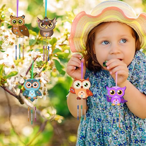 TREACLUB 16 Pack Wind Chime Kits for Kids, Make Your Own Owl Wind Chime DIY Coloring Paint Owl Wooden Arts and Crafts Birthday Gifts for Girls Boys TREACLUB