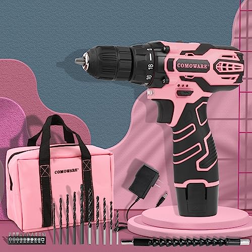 COMOWARE Cordless Drill Set, 12V Power Drill, Pink Drill Set for Women, 1 Battery & Charger, 3/8" Keyless Chuck, 2 Variable Speed, 0-450 & 0-1500 COMOWARE
