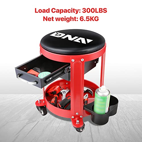 DNA Motoring TOOLS-00197 Round Mechanics Roller Seat Creeper Stool With Padded Cushion, Tool Storage Drawer & Tray, 300 Lbs Max Weight Capacity - WoodArtSupply