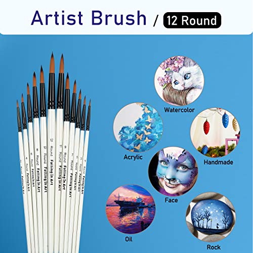 Falling in Art Paint Brushes Set, 12 PCS Nylon Professional Round Paint Brushes for Watercolor, Oil Painting, Acrylic, Face Body Nail Art, Crafts, Falling in Art