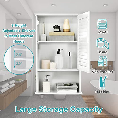 COSTWAY Bathroom Wall Cabinet, Large Capacity Storage Cabinet w/Single Louver Door & Height Adjustable Shelf, Wood Wall Mounted Medicine Cabinet for - WoodArtSupply