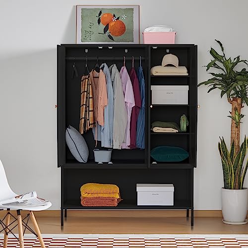 LEVNARY Large Armoire Wardrobe Closet with 3 Doors, Rattan Wardrobe Cabinet with Hanging Rail for Clothes, Freestanding Wooden Closet for Bedroom, LEVNARY