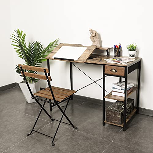 X-cosrack Computer Desk with Storage Shelves Drawer, 43” Home Office Desk with Monitor Stand, Adjustable & Tiltable Draft Drawing Table Writing Study - WoodArtSupply