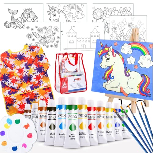J MARK Pain Set for Kids – Acrylic Kids Painting Kit with Storage Bag, Washable Paints, Easel, Canvases, Brushes and More, Complete Kids Painting Set J MARK