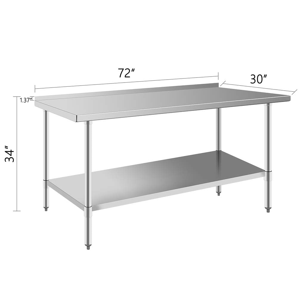 FAHKNS Commercial Stainless Steel Prep Worktable 72 x 30 in Sturdy Durable Baffle and Undershelf Restaurant Kitchen Practical Adjustable Workbench