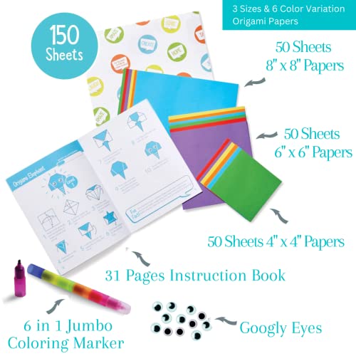 Open The Joy Origami Kit for Kids - 150 Double Sided Multi Colored Origami Paper Set - Easy to Hard Level Origami Projects - 32 Page Origami Book
