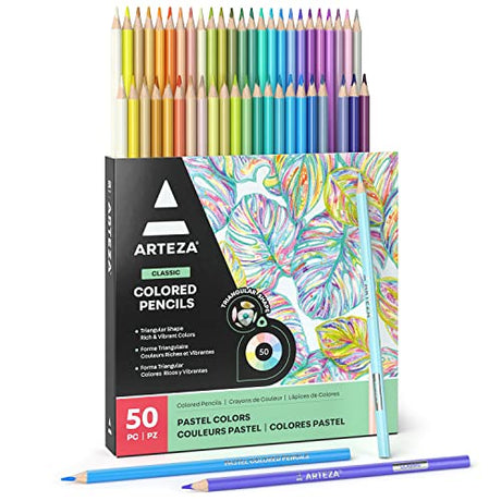 ARTEZA Pastel Colored Pencils for Adult Coloring, Set of 50 Drawing Pencils, Triangular Grip, Pre-Sharpened Pencil Set, Professional Art Supplies for ARTEZA