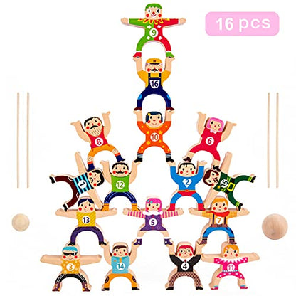 Wooden Stacking Toys,16Pcs Circus Hercules Acrobatic Troupe Interlock Toy,Balancing Building Blocks Game Toddler Puzzle Toys,for 3 4 5 6 Years Old - WoodArtSupply