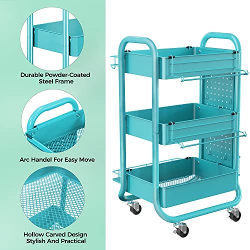 DESIGNA 3-Tier Utility Storage Rolling Cart with Removable Pegboard & Extra Storage Baskets Hooks, Metal Craft Art Carts for Gift Home Office, Teal DESIGNA