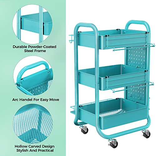 DESIGNA 3-Tier Utility Storage Rolling Cart with Removable Pegboard & Extra Storage Baskets Hooks, Metal Craft Art Carts for Gift Home Office, Teal