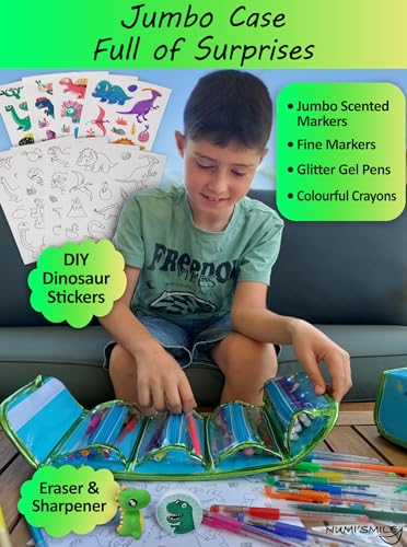 NUMI'SMILE Dinosaur Pencil Case with Fruit Scented Markers Art Set, Dinosaur Gifts for Boys Ages 3 4 5 6 7 8 9 Years and Up, Dinosaur Toys, Dino NUMI'SMILE