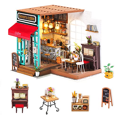 Rolife DIY Miniature Dollhouse Kit Coffee House Wooden Mini House Crafts DIY Model Kits Christmas Birthday Gifts for Boys Girls Women Friends - WoodArtSupply