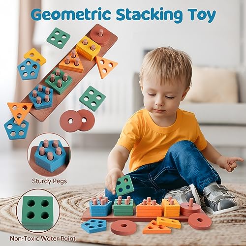 6 in 1 Montessori Baby Toys for 1 + Year Old, Infant Sensory Teething Toys for Babies 6-12 Months, Wooden Stacking Building Blocks Shape Sorter, - WoodArtSupply