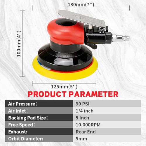 5" Air Random Orbital Sander Pneumatic Palm Sander Da Sander With 10 Pcs Sandpapers 3Pcs Polishing Pads Buffing Pads Kit for Sanding, Finishing, NuoDunco