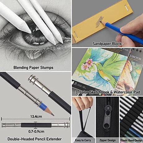 PANDAFLY 80 Pack Drawing Set Sketching Kit, Pro Art Supplies with 3-Color Sketchbook, Watercolor Pad, Colored, Graphite, Charcoal, Metallic Pencil, PANDAFLY