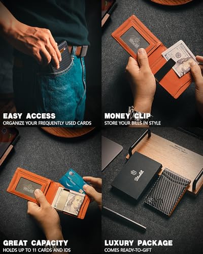 Zitahli Slim Wallet for Men Gifts 12 Card Slots ID Window With Money Clip Minimalist RFID Front Pocket Bifold Leather Small Thin Gift Box Dad Zitahli