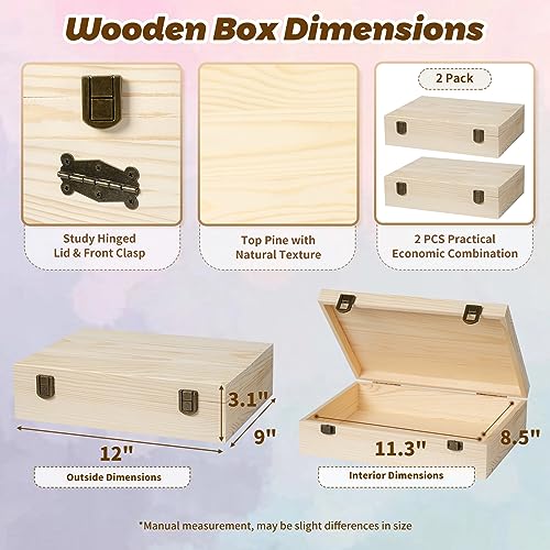 ZKHOB 2 Pack Unfinished Wooden Box with Lid Small Wood Boxes(12 x 9x 3.1 inch) Natural Pine Wooden Box for Crafts,Wooden Gift Boxes,Memory keepsake