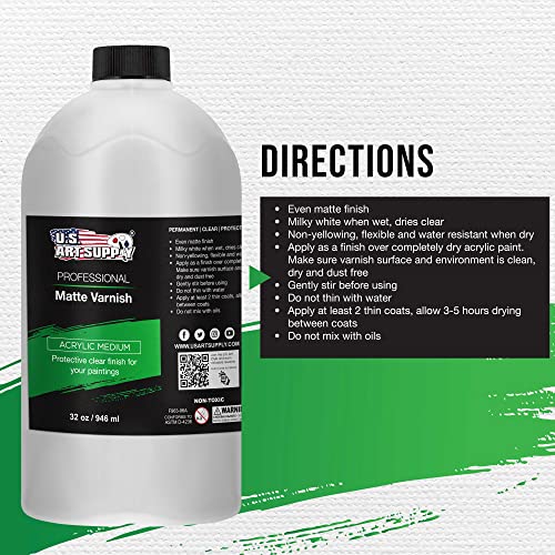 U.S. Art Supply Professional Matte Varnish, 32 oz (Quart) - Acrylic Medium, Clear Permanent Protective Finish for Paintings & Artwork, Apply Over Dry U.S. Art Supply