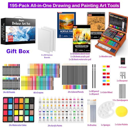 iBayam Deluxe Art Set, 195-Pack Artist Gift Box, Arts and Crafts Drawing Painting Kit Art Supplies for Adults Kids, Art Kits Paint Set with 24 - WoodArtSupply