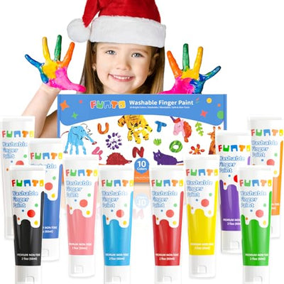 Funto Washable Finger Paint for Kids, Safe & Non-Toxic Finger Painting for Toddlers 1-3, Bath Paint, Toddler Art Supplies, Age 1 2 3 4 5 6+, 10