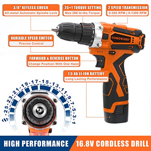 COMOWARE 16.8V Cordless Drill Set Combo Kit, 153 Pcs Tool Kit for Home, Professional Household Tool Sets for Men, Basic Tool Kit with Power Drill, COMOWARE