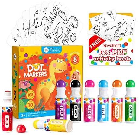Jar Melo Washable Dot Markers Kit for Kids 3-8+ Age,8 Colors Non Toxic Dot Paint Markers with 108 Free Pdf Activity Book & Physical Sheets 2.1 fl.oz Jar Melo