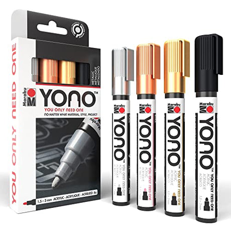 Marabu YONO Metallic Paint Markers - Unleash Your Inner Artist - Transform Any Surface With These 4 Acrylic Paint Markers for Canvas, Rocks, Mugs, Marabu