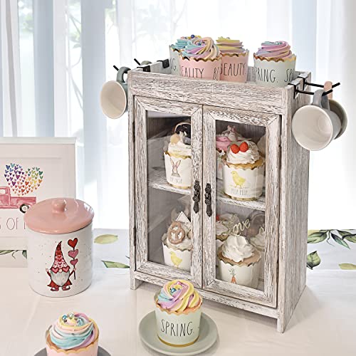 Ikee Design Small Wooden Countertop Storage Cabinet,Adjustable Shelves and Removable Hooks, 10.4 W x 6.1 D x 14.4 H in, Antique White Ikee Design