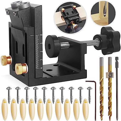 HFM Pocket Hole Jig Tool Kit for Carpentry, Pocket Hole Drill Guide Jig Set for 15° Angled Holes, Portable Wood Pocket Hole Screw Clamp System for - WoodArtSupply