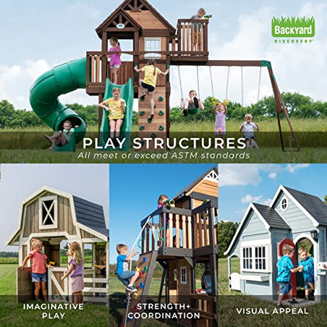 Backyard Discovery Woodridge Elite All Cedar Wood Swing Set, Upper and Lower Deck, Sandbox, Vented Tunnel, Rock Climbing Wall, Coated Rope Belted Backyard Discovery