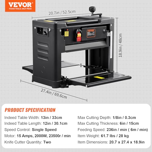 VEVOR Thickness Planer, Two-Blade, 13" Width Worktable Benchtop Planer, 15-Amp 1800W Powerful Motor, 12" Extended Infeeding Table, Low Noise for both VEVOR
