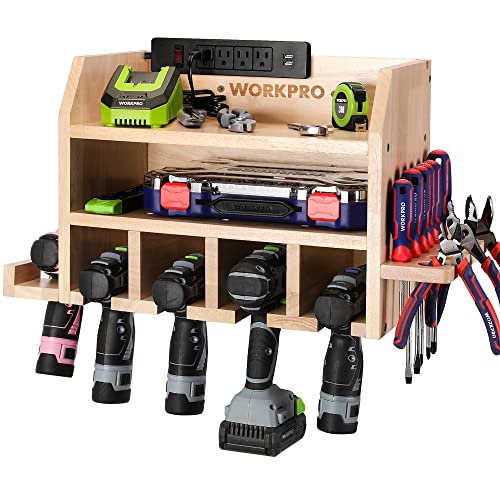 WORKPRO Power Tool Organizer, Cordless Drill Holder Storage Wall Mount with 5 Drill Hanging Slots, Screwdriver Rack, Solid Wooden Tool Storage for - WoodArtSupply