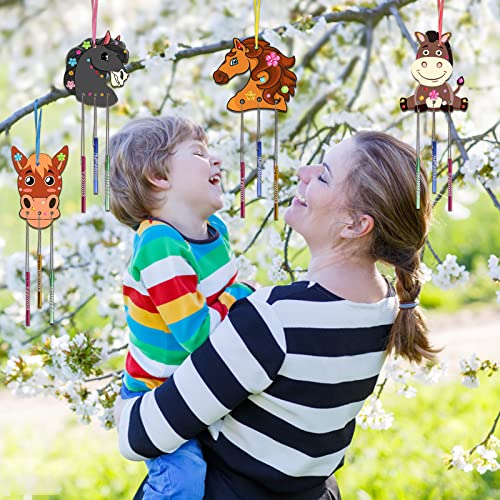 Fennoral 8 Pack Wind Chime Kit for Kids Make Your Own Horse Head Wind Chime Wooden Arts and Crafts for Girls Boys Ornaments DIY Coloring Horse Craft