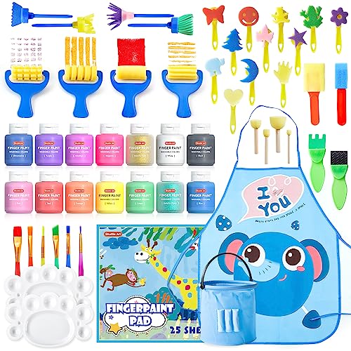 Washable Finger Paint Set, Shuttle Art 46 Pack Kids Paint Set with 14 Colors(60ml) Finger Paints, Brushes, Finger Paint Pad, Sponge, Palette, Smock, Shuttle Art