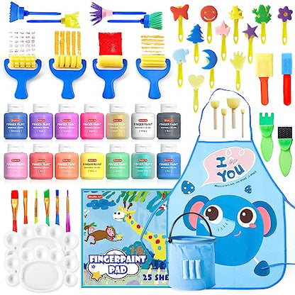 Washable Finger Paint Set, Shuttle Art 46 Pack Kids Paint Set with 14 Colors(60ml) Finger Paints, Brushes, Finger Paint Pad, Sponge, Palette, Smock, - WoodArtSupply