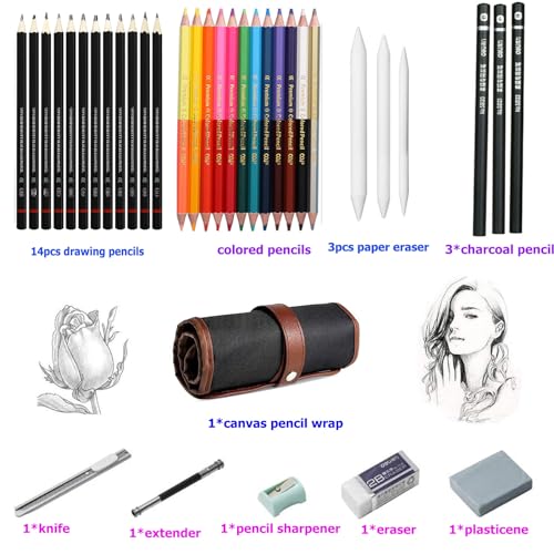 HOTCOLOR Drawing Pencils Set, 36pcs Art Supplies Set Sketching Pencil Set with Graphite Pencils,Dual Ended Color Pencils,Charcoal Pencils Set for HOTCOLOR