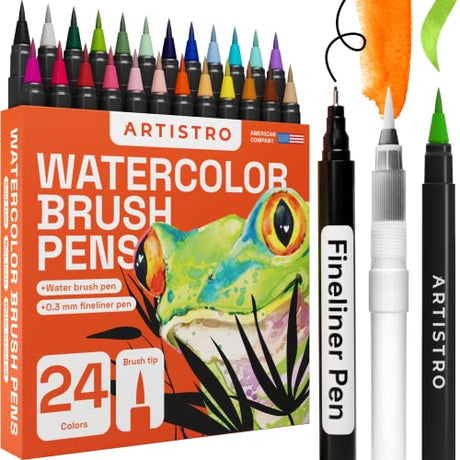 ARTISTRO 24 Watercolor Markers with Flexible Brush Tip - Watercolor Brush Pens for Pros & Beginners - Consistent Flow for Smooth Blending, Washable, ARTISTRO