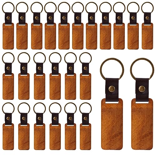 25pcs Leather Wood Keychain Blank, Wooden Keychain Blanks with Leather