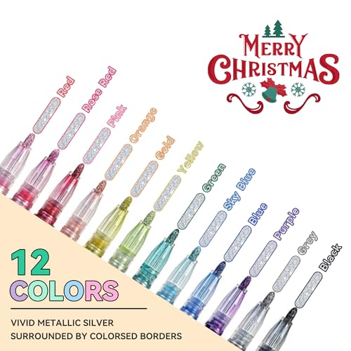 Double Line Outline Pens, 12 Colors Self-outline Metallic Markers, Shimmer Glitter Pens Set for Christmas Card Writing, Birthday Greeting, DIY Art Artugn