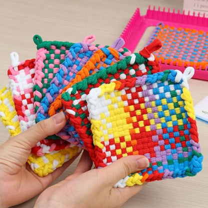 DIY Weaving Loom Craft Kit for Kids Adults - Easy Beginner Friendly - Rainbow Color Loops to Make 7 Potholders - Ideal Birthday Gift