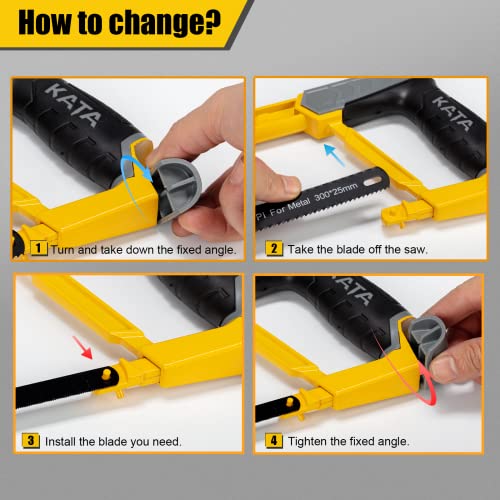 KATA Hacksaw Frame Set, 12" Hacksaw Frame, 10'' Mini Hacksaw and Drywall Saw/Jab Saw, Including 4pc Extra Flexible Bi-Metal HSS Blades, Handsaw for KATA