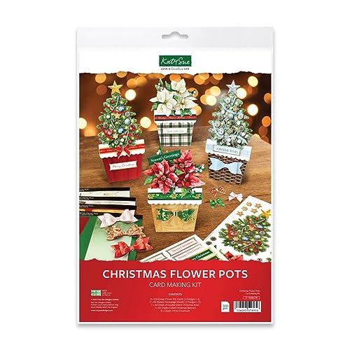 Katy Sue Christmas Flower Pots Card Making Kit - Contains 8 Cards & Envelopes, 4 Sheets Christmas Decoupage, 1 Sheet Decoupage Bows & 2 Sheets Foiled - WoodArtSupply