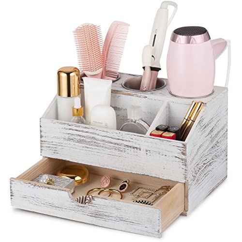 iToplin Wood Hair Dryer Holder, Curling Iron Holder Hair Styling Tool Organizer for Bathroom Vanity Countertop Storage (Rustic White)
