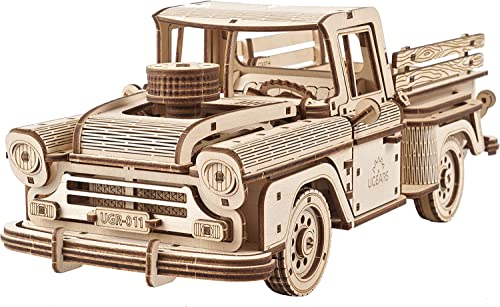 UGEARS Pickup Lumberjack 3D Puzzle - Classic 1950s Pickup Truck 3D Wooden Puzzles for Adults and Kids with Powerful Spring Motor - Detailed Car Model UGEARS