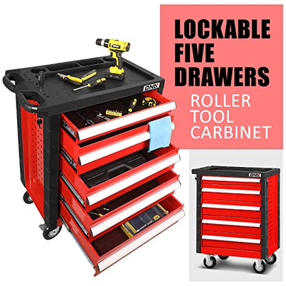 DNA MOTORING 30.5" L x 18" W x 38" H 5-Drawer Lockable Slide Tool Chest Rolling Tool Cart Cabinet (TOOLS-00001) with Keys , Red, Upgrade Package - WoodArtSupply