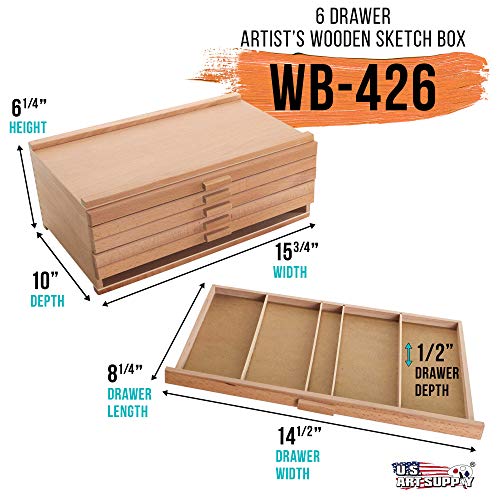 U.S. Art Supply 6 Drawer Wood Artist Supply Storage Box - Pastels, Pencils, Pens, Markers, Brushes US Art Supply