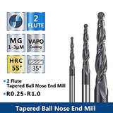 4Pcs Tapered Ball Nose End Mill, 1/8” Shank R0.25/R0.5/R0.75/R1.0 Tip Carbide Wood Engraving Bit CNC Router Bit Milling Cutter 2D and 3D Engrave AnoleX