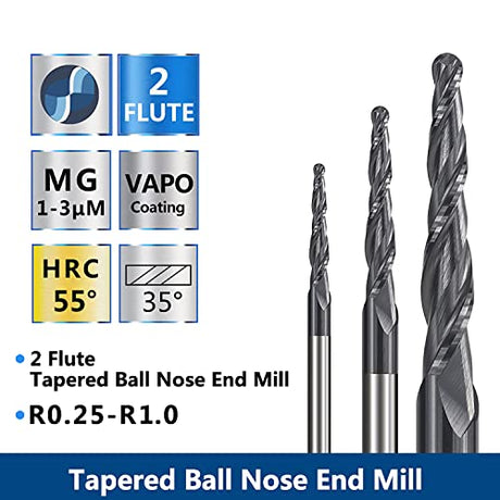 4Pcs Tapered Ball Nose End Mill, 1/8” Shank R0.25/R0.5/R0.75/R1.0 Tip Carbide Wood Engraving Bit CNC Router Bit Milling Cutter 2D and 3D Engrave AnoleX